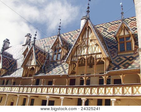 The Mosaic Roof Hospice In Bon(hôtel-dieu De Beaune). France