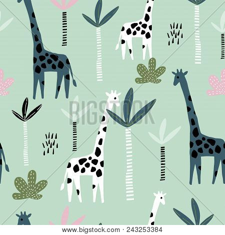 Seamless Pattern With Giraffe, Leopard,tucan, Monkey And Tropical Elemnts. Creative Jungle Childish 