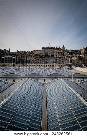 View Of Edinburghs Market Street As Seen From Waverly Station, With The Stations Glass Ceiling In Th