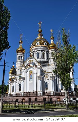 Orthodox Crosses On Gold Domes Blue Sky With Clouds