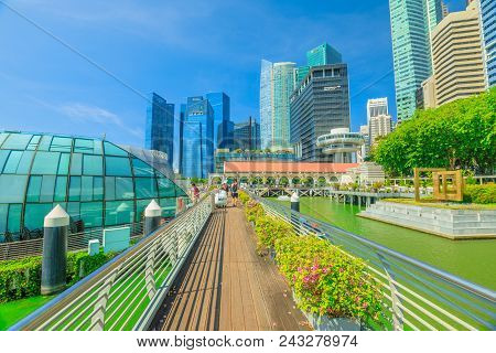 Singapore - April 28, 2018: Glass Dome Of Fullerton Pavilion On Marina Bay Central Business District