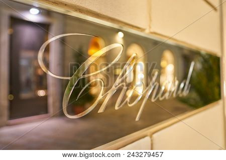 MILAN, ITALY - CIRCA NOVEMBER, 2017: close up shot of Chopard sing on a store in Milan, Italy
