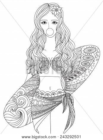 Line Art Design Of Sexy Girl Wearing Swimming Suit Holding Surf Board For Printed Tee And Coloring B