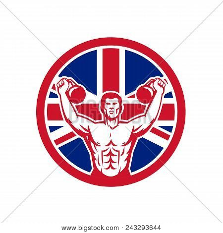 Icon Retro Style Illustration Of A British Physical Fitness Buff Training With Kettlebell  And Unite