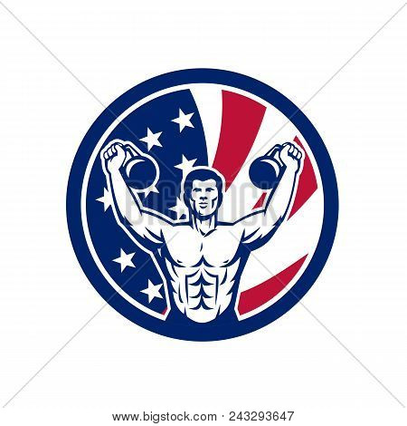 Icon Retro Style Illustration Of An American Physical Fitness Buff Training With Kettlebell And Unit