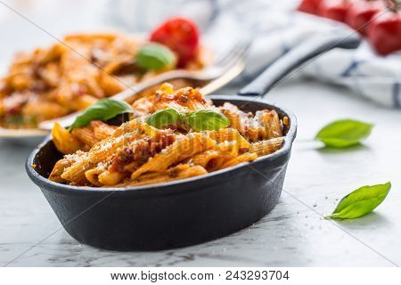 Italian Food And Pasta Penne With Bolognese Sause In Pan