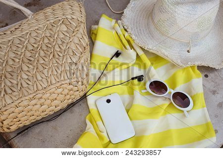 Straw Hat , Bag And Sunglases A  Summer Lifestyle. Bright Colors. Vacation Mood.
