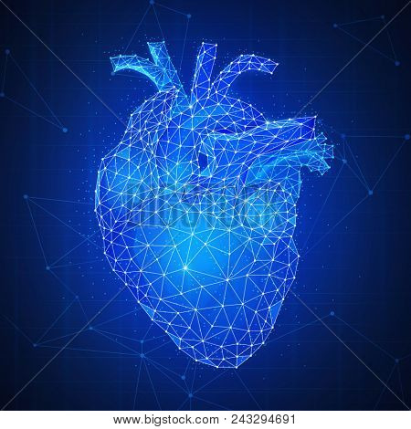 Polygonal anatomic human's heart 3d with aorta and veins on peer to peer blockchain network technology background representing life and health care concept. Low poly design. Square layout.