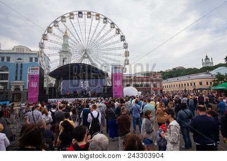 Kiev, Ukraine - May 12, 2018: Spectators At The Kleizmer Music Festival On Kontraktova Square