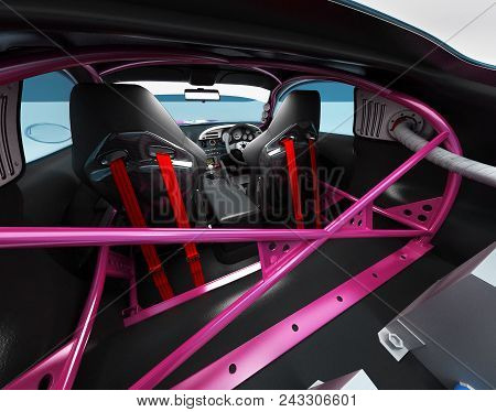 The Interior Of The Car For Racing. Executed Elements And Safety Nodes Of The Pilot Of A Speedy Bali