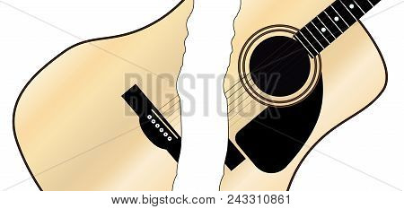 A Typical Acoustic Guitar Cutinto Two Pieces And Isolated Over A White Background.