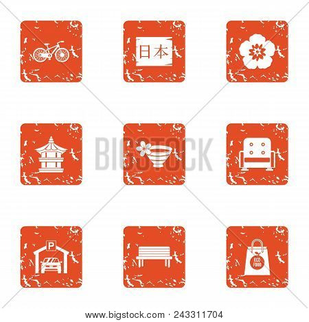 Asian Region Icons Set. Grunge Set Of 9 Asian Region Vector Icons For Web Isolated On White Backgrou