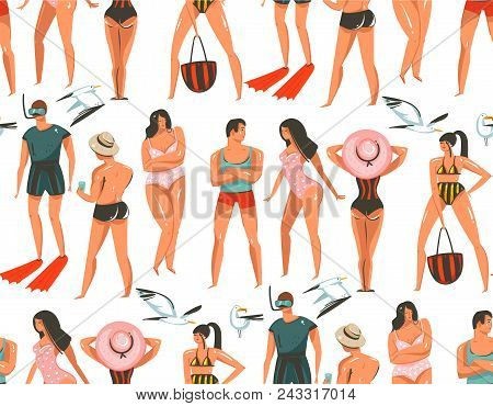 Hand Drawn Vector Abstract Graphic Cartoon Summer Time Collection Flat Illustrations Seamless Patter