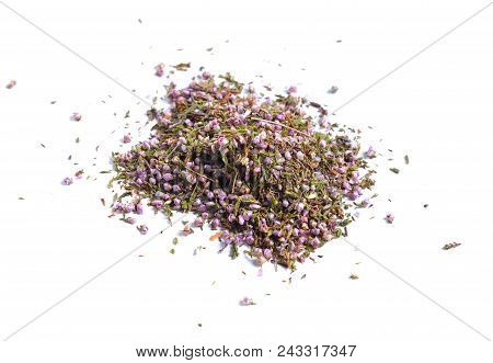 Dried Medicinal Herbs Raw Materials Isolated On White. Flowers Of Calluna Vulgaris, Known As Common 