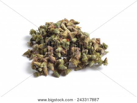 Dried Medicinal Herbs Raw Materials Isolated On White. Seed Of Agrimonia Eupatoria, Agrimony, Church