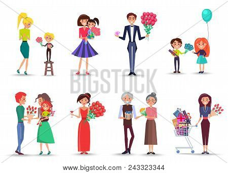 Cartoon Characers Of All Ages Celebrate International Womens Day With Family Isolated Vector Ilustra