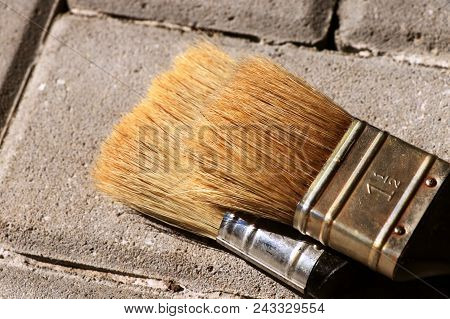 A Detail For New Two Brushes For Painting Wall, Wood Board And Others. It Is Basic Thing For Painter
