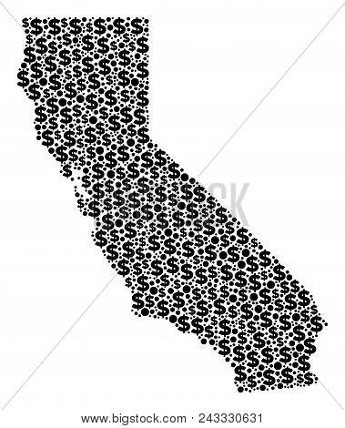 California Map Mosaic Of Dollars And Round Dots In Different Sizes. Abstract Vector Cash And Gdp Cal