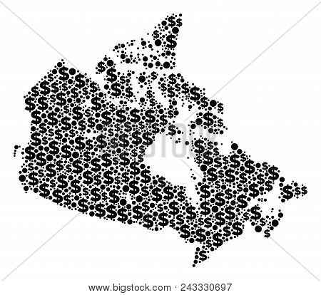 Canada Map Collage Of Dollar Signs And Circle Spots In Different Sizes. Abstract Vector Treasury And