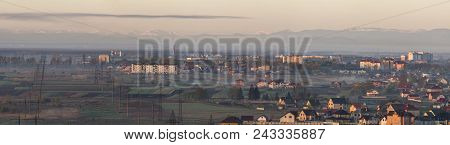 Wide Panorama, Aerial View Of Ivano-frankivsk City, Ukraine. Scene Of Modern Tourist City With Tall 
