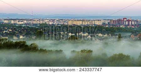 Beautiful Panorama Of Morning Aerial View Of Ivano-frankivsk City, Ukraine. Scene Of Quiet Suburbs A