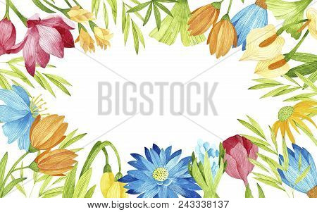 Watercolor Flowers Frame. Included Colorfulflowers And Green Branches.perfect For You Postcard Desig