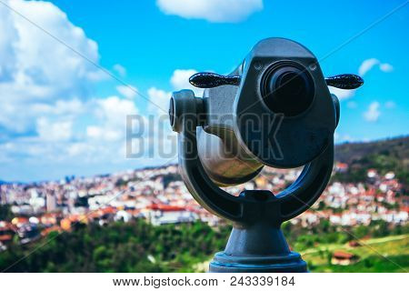 Abstract Observation Telescope, Panoramic View Of The Abstract European City With Red Roofs, Summer 