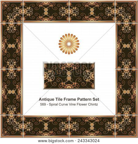Antique Tile Frame Pattern Set Vintage Botanic Spiral Vortex Curve Vine Flower Chintz, Ceramic Decor