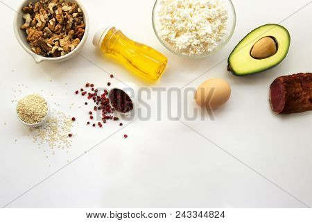 Products That Can Be Eaten With A Ketogenic Diet., Low Carb, High Good Fat. Concept Keto Diet For He
