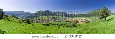 Panoramic Summer Country Landscape. Region Liptov, Slovakia. Village Likavka And Town Ruzomberok At 