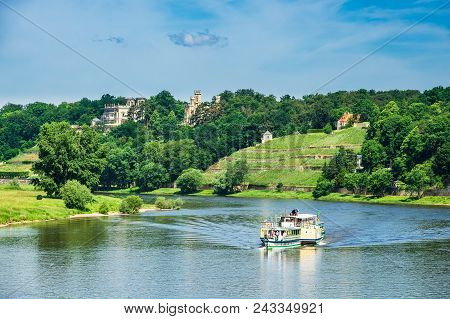 Passenger Ship On The River Elbe In Dresden, Germany.