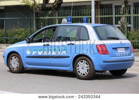 Vicenza, Vi, Italy - April 30, 2016: Italian Police Car During City Patrol With Big Text Polizia Tha