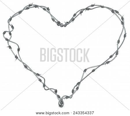 Barbed Wire Heart, Grey Metal 3d Illustration, Isolated, Horizontal, Over White