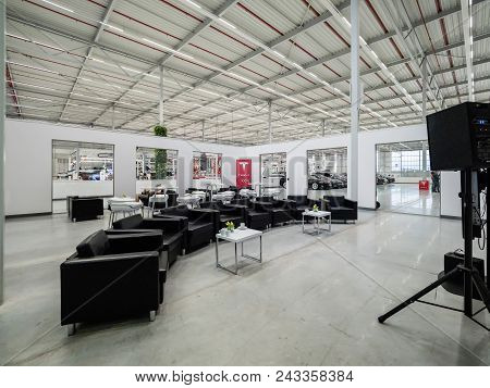 Tilburg, Netherlands - May 31, 2018: Tesla Motors Assembly Plant In Tilburg, Netherlands. Interior T