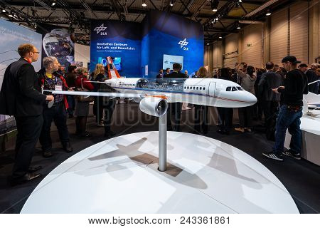 Berlin - April 26, 2018: Space Pavilion. Stand Of The German Aerospace Center (dlr). Mockup Of Airbu