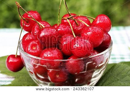 Berries Aberries Are Cherries. The Season Of Berries Has Come. Red, Ripe, Cherry Is Very Juicy And T