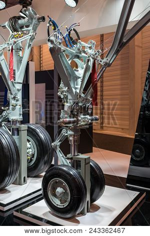 Berlin - April 26, 2018: Space Pavilion. Stand By Liebherr Group And Samples Of Aircraft Landing Gea