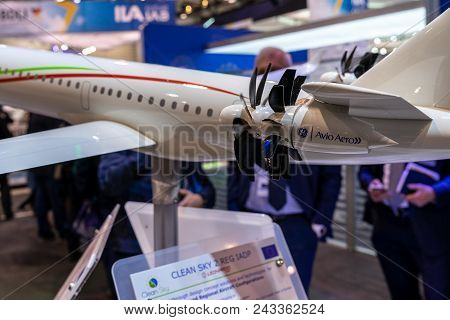 Berlin - April 26, 2018: Stand Of Leonardo. Concept Aircraft For The Program Clean Sky 2. Exhibition