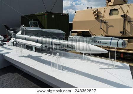 Berlin - April 26, 2018: Samples Of Weapons, Various Cruise Missiles From Mbda. Exhibition Ila Berli