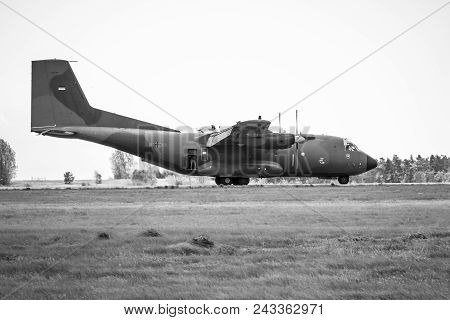 Berlin - April 26, 2018: Landing Of The Military Transport Aircraft Transall C-160d. German Air Forc