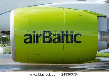 Berlin - April 26, 2018: Geared Turbofan Engine Pratt & Whitney Pw1000g By Bombardier Cs300. Latvian