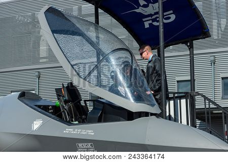 Berlin, Germany - April 26, 2018: Visitors Look At The Cockpit Of The Stealth Multirole Fighter Lock