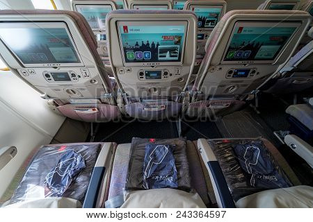 Berlin - April 26, 2018: Passenger Seats Of An Economy Class Of The Aircraft Airbus A380. Emirates A