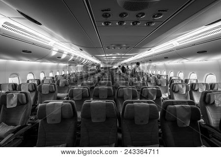 Berlin - April 26, 2018: Interior Of An Economy Class Of The  Aircraft Airbus A380. Emirates Airline