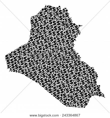 Iraq Map Collage Of Dollars And Round Points In Different Sizes. Abstract Vector Business And Gdp Ir