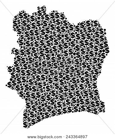 Ivory Coast Map Mosaic Of Money Signs And Spheric Spots In Variable Sizes. Abstract Vector Treasury 