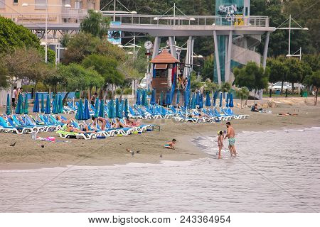 Limassol, Cyprus - May 4, 2018: Aerial View Of A Sandy City Beach In Limassol, Cyprus.