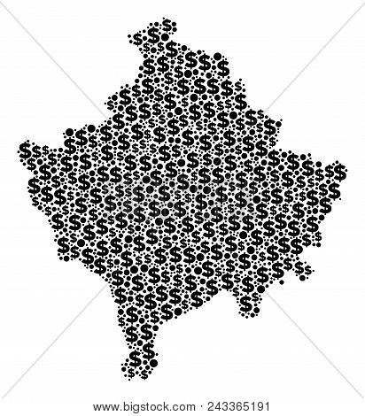 Kosovo Map Composition Of Dollar Symbols And Round Spots In Various Sizes. Abstract Vector Investmen