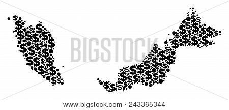 Malaysia Map Mosaic Of Dollar Symbols And Round Spots In Variable Sizes. Abstract Vector Monetary An