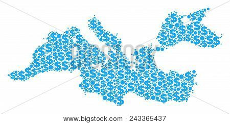 Mediterranean Sea Map Collage Of Money Signs And Spheric Dots In Various Sizes. Abstract Vector Mone